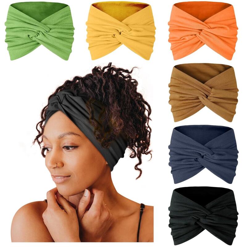 Bohemian Wide Headband Sweat-Absorbent Yoga Hair Wrap Cross-Tie Design 8cm Elastic Bandana - 6-Pack Set for Women Girls