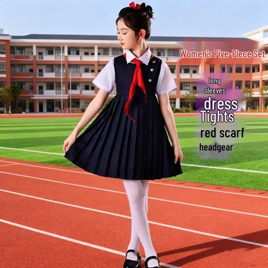 Children's Patriotic Choir Costumes - Boys & Girls Blue Outfits with Red Scarf for Recitation Competitions