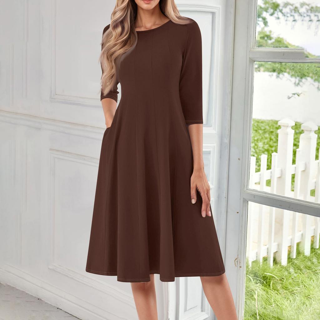 Moda casual feminina gola redonda manga três quartos cor sólida vestido midi