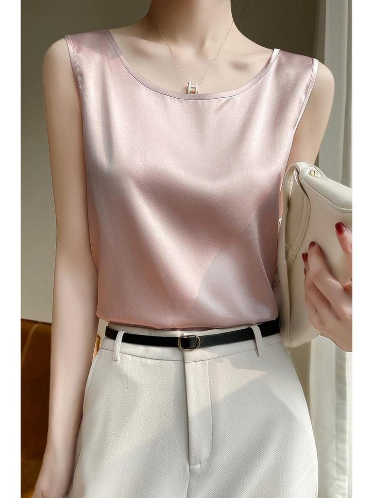 Women's Sleeveless Summer Silk Camisole - Loose Fit, Round Neck, Mulberry Silk Base Layer Top