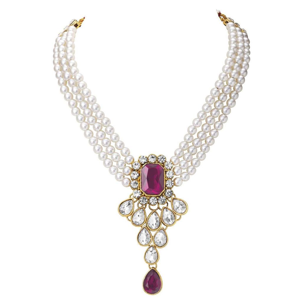 Gold Plated Crystal Kundan Necklace with Drop Earrings Jewellery Set for Girls & Women