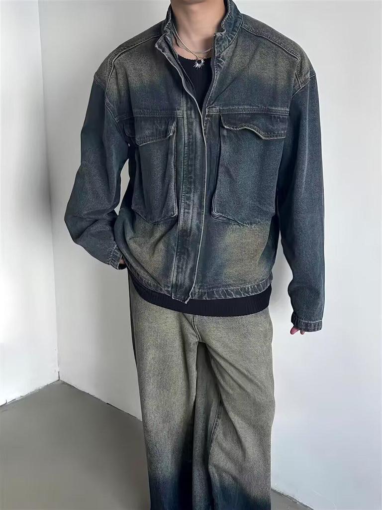 Nostalgic Blue Retro Denim Jacket - Men's Loose Fit with Large Pockets and Stand Collar for Spring & Autumn