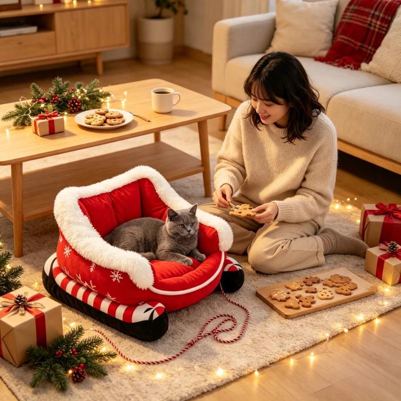 Sleigh Style Pet Sleeping Bed Fluffy Fleece Lined Dog Sofa Cushion Ultra‑Soft Non‑Slip Winter Christmas Decoration for Cats Dogs