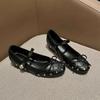 Fashion French Round Toe Shallow Mouth One Line Strap Inside Heightened Rivet Bow Mary Jane Single Shoes for Women