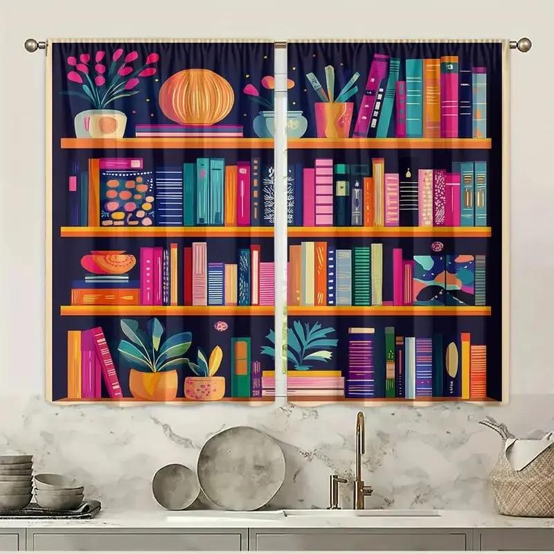 Set Of 2 Jit Colorful Bookshelf Pattern Curtains Design Polyester Curtain Home Decor Window Living Room Darkening With Rod Pocket