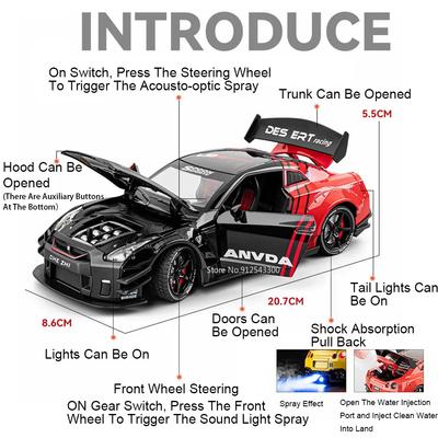 1:24 Scale GTR Racing Car R34 Model Toy Alloy Die-cast Doors Opened Pull Back Sports Cars Models Sound Light Gifts for Chid