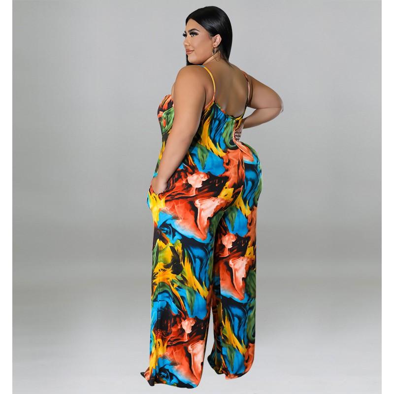 MY912 Plus Size Womens Sleeveless Printed Jumpsuit With Belt Soft Milk Silk Fabric 2025 Collection Straight Leg Sweet Gentle Style Casual Wear