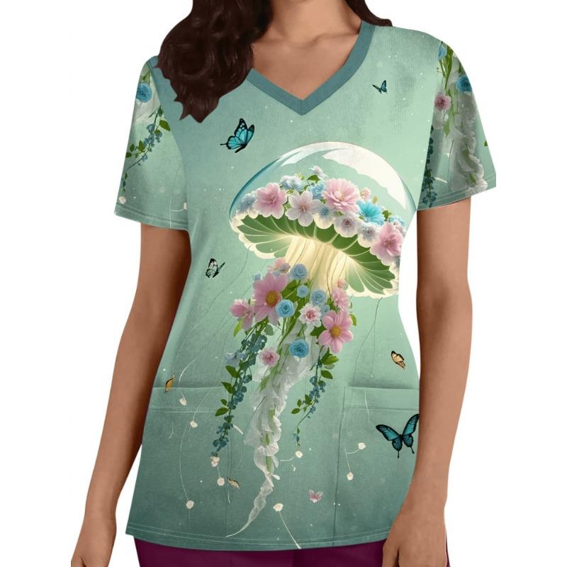 

V-neck short sleeved frosted top, suitable for plus size women, featuring 3D floral jellyfish and butterfly design, mint green color, with pockets S