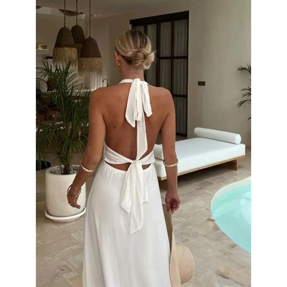 Jarní dámské maxi šaty s halter výstřihem a rozparkem, sexy večerní šaty s V-výstřihem a vysokým rozparkem na stehno pro formální večírky