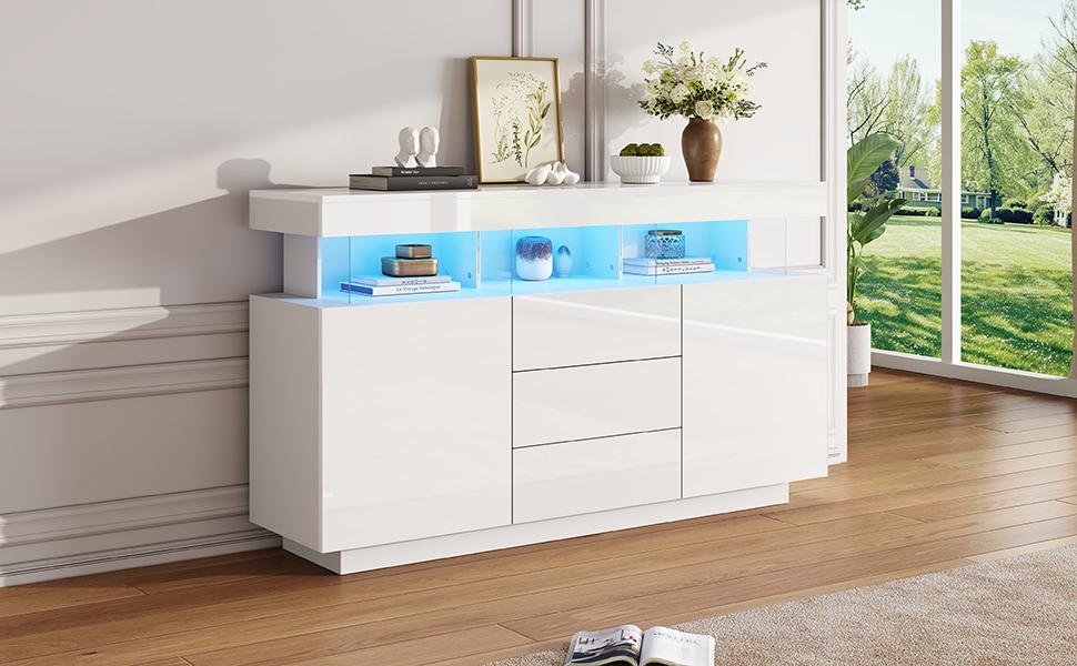 140 x 35 x 80 cm Modernes Hochglanz Acryl Sideboard mit 16-farbigem LED-Streifen, Kaffeebar, Geeignet für Esszimmer, Küche, Flur (Weiß)