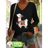 Plus size T-shirt V-neck long-sleeved women's casual fashion, spring and autumn bottoming top, letter cartoon print