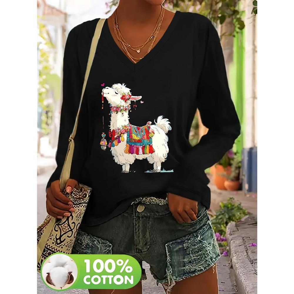 Plus size T-shirt V-neck long-sleeved women's casual fashion, spring and autumn bottoming top, letter cartoon print