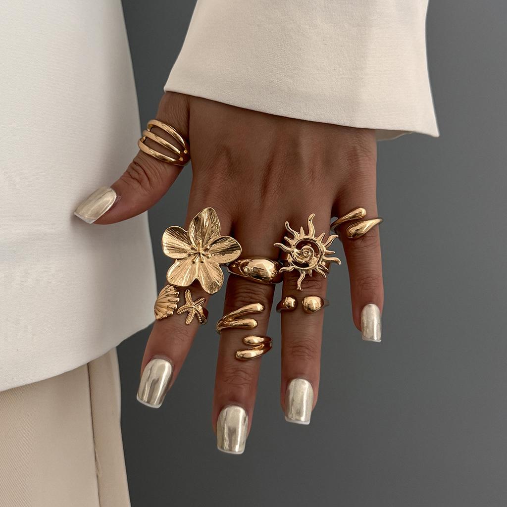 Summer Vacation Starfish Scallop Open Ring Set for Women Men Gold Color Glossy Alloy Flower Adjustable Ring Jewelry Gift
