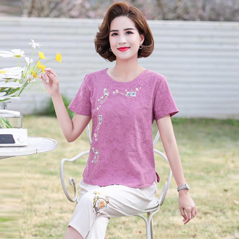 Elderly Women's Embroidered Summer Short Sleeve Top