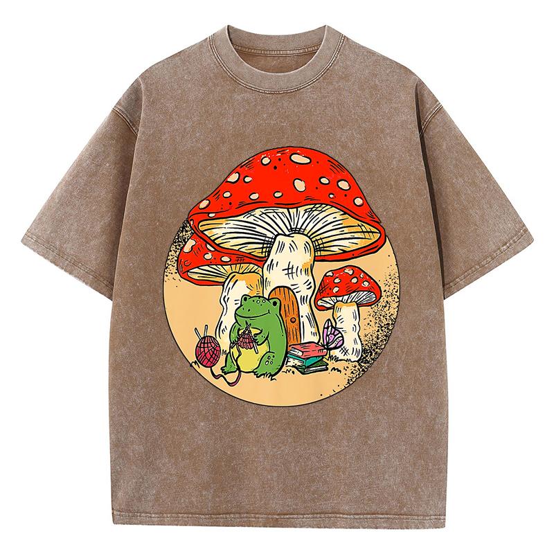 Cute Frog Kinting Mushroom Print Woman Washed T-Shirt Cotton Summer T Shirt Soft Loose Streetwear Y2K Short Sleeves
