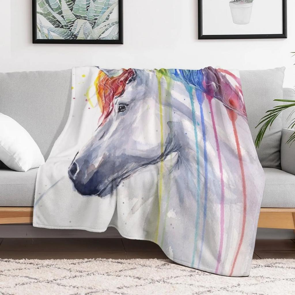 Rainbow Unicorn Watercolor Throw Blanket All Weather Soft Throw Blanket for Sofa