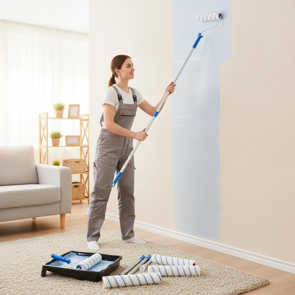 Paint Roller Set with Tray and Extension Pole Adjustable Wide Tool for