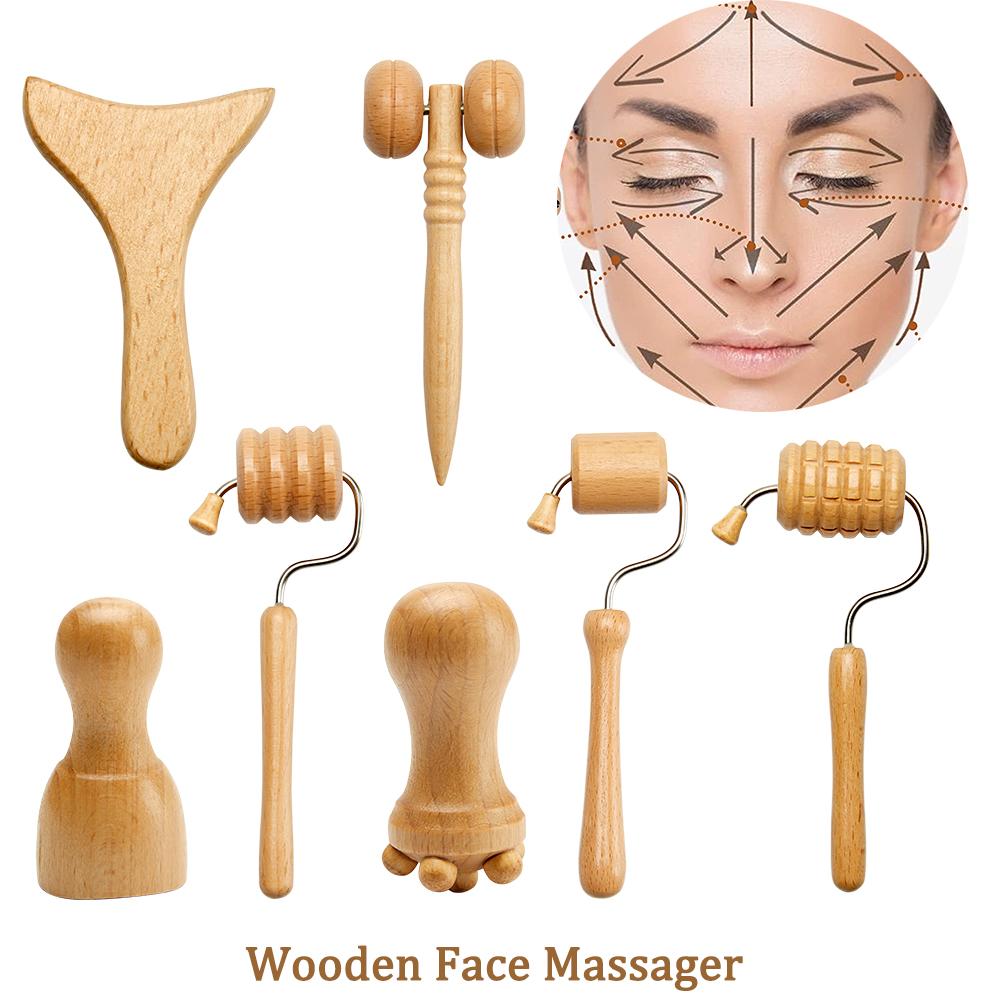 Rouleau de Massage Facial en Bois Maderothérapie Faciale Lifting Kit de Massage en Bois Thérapie Anti-Cellulite Lifting Facial Anti-Rides