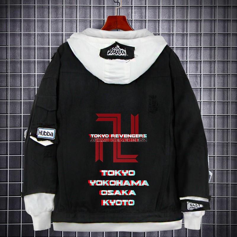 Tokyo Revengers Anime Denim Jacket Fake Two-piece Hoodie Men Youth Streetwear