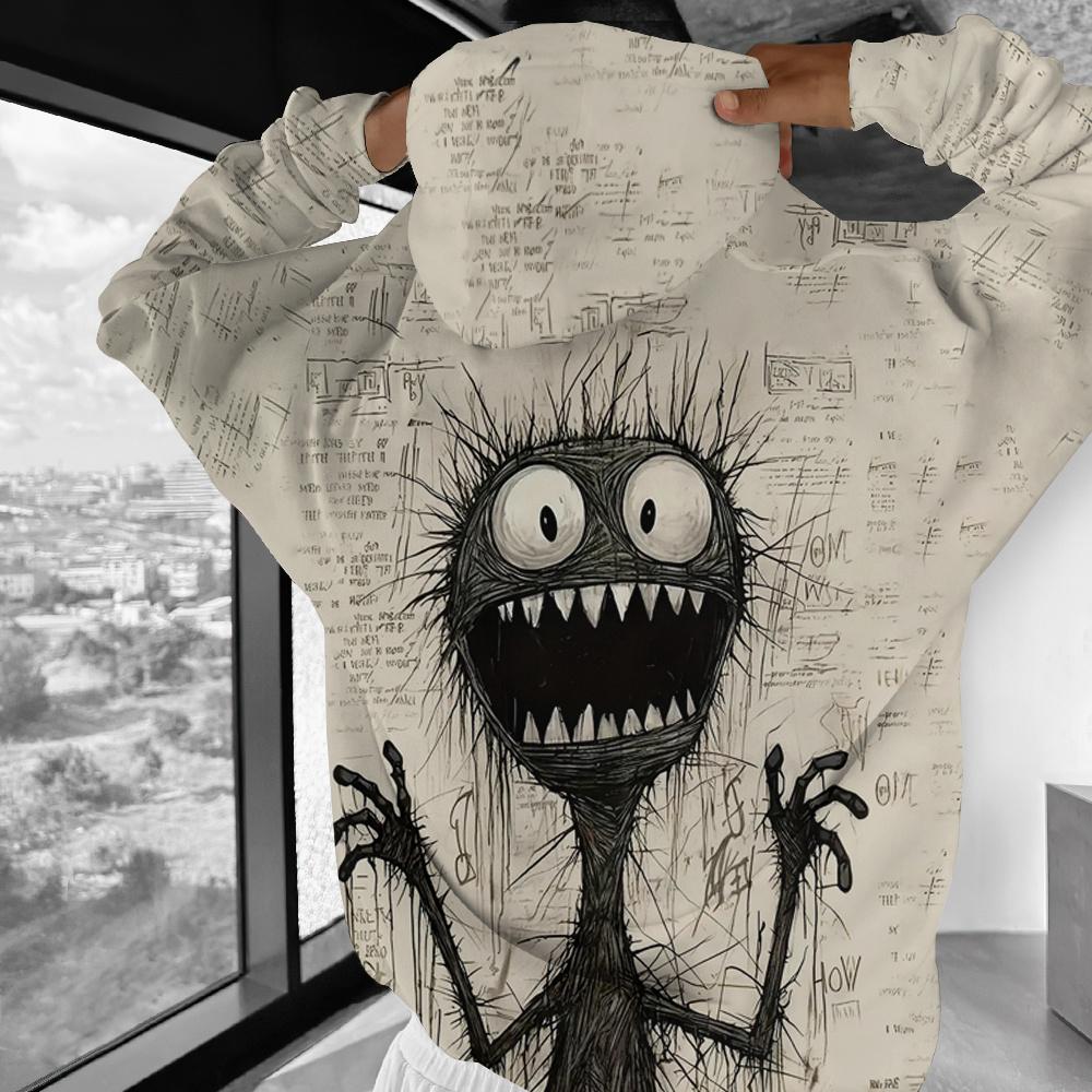 Vtipná pánská mikina ležérní s dlouhým rukávem s kapucí přes hlavu kreslený potisk top módní oversized vintage pánská mikina streetwear