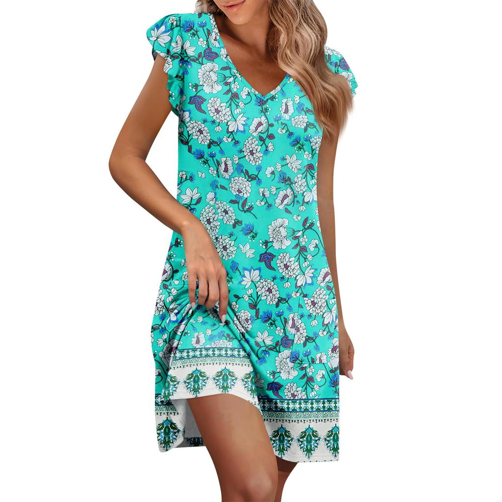 Womens Summer Dress Ruffle Sleeve V Neck Short Dresses Fashion Casual Flowy A Line Swing Sundress With Pocket