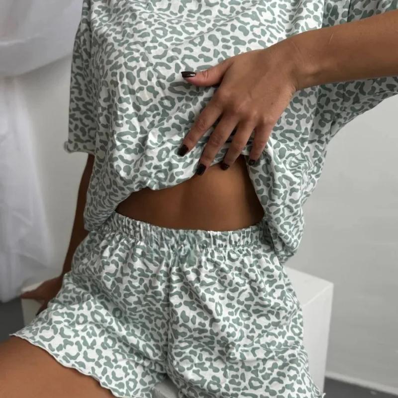

Women s Fashion Models Leopard Print Sexy Hottie Round Neck Short Sleeve Shorts Suit Pyjamas Homewear S зелений