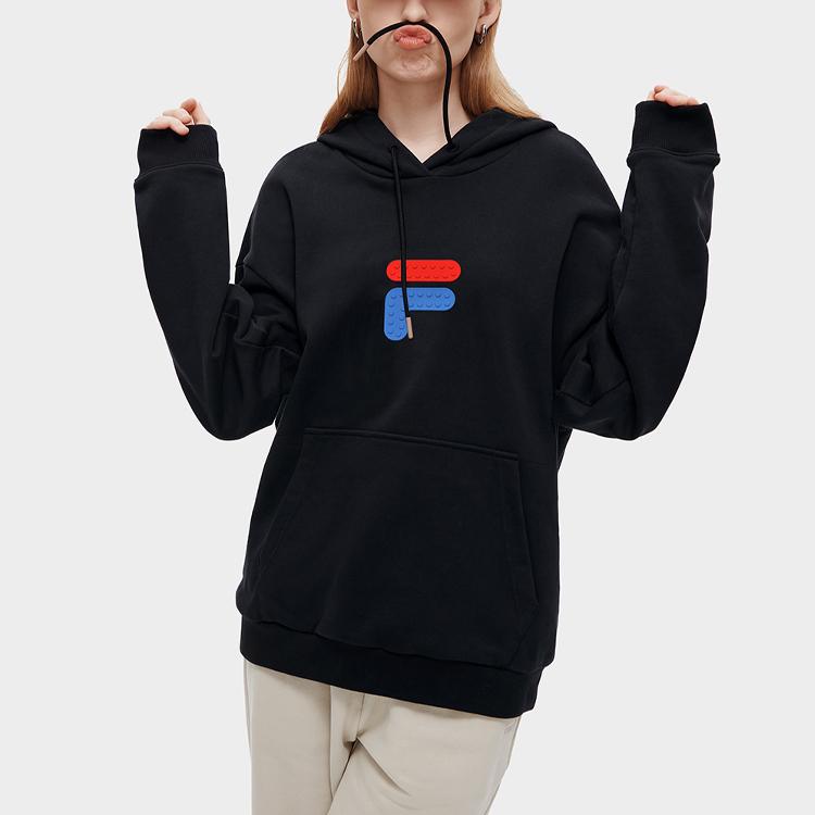 Fila Fusion Logo Print Loose Drawstring American Style Hoodie Men Hoodies Black T11U313201FBK