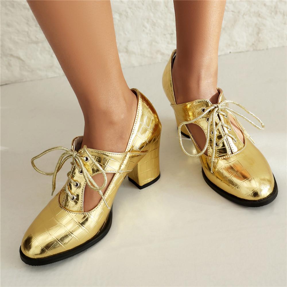 Fashion 2025 New Women Hollow Breathable Pumps Shallow Brogue Ladies Vintage Oxford Shoes Lace-Up Chunky High Heels Female Gold Silver
