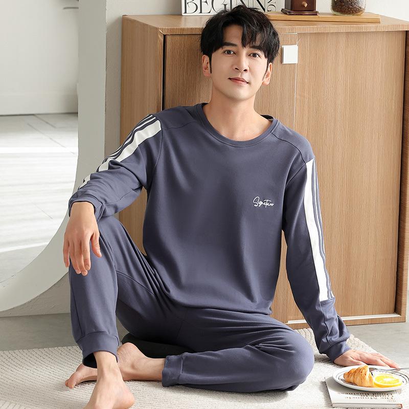 Pajamas Men'S Spring And Autumn Cotton Long Sleeve Autumn Crew Neck Pullover Sports And Leisure Cotton Homewear Suit