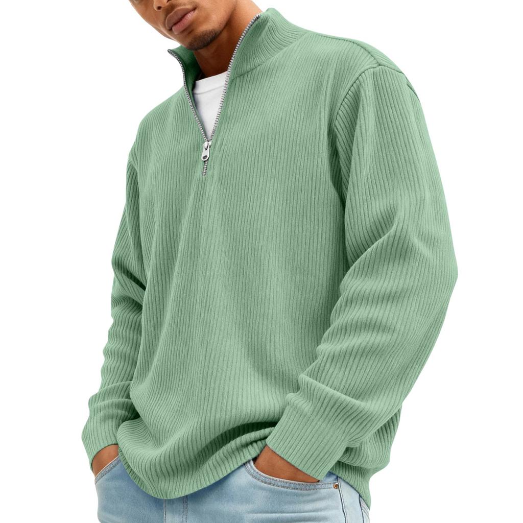 Men’s Ribbed Knit Pullover Sweater Quarter Zip Stand Collar Long Sleeve Casual Loose Fit Top