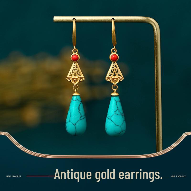 

Aieryuan Retro Turquoise Rhombus Necklace & Earrings Set 24K Gold Plated