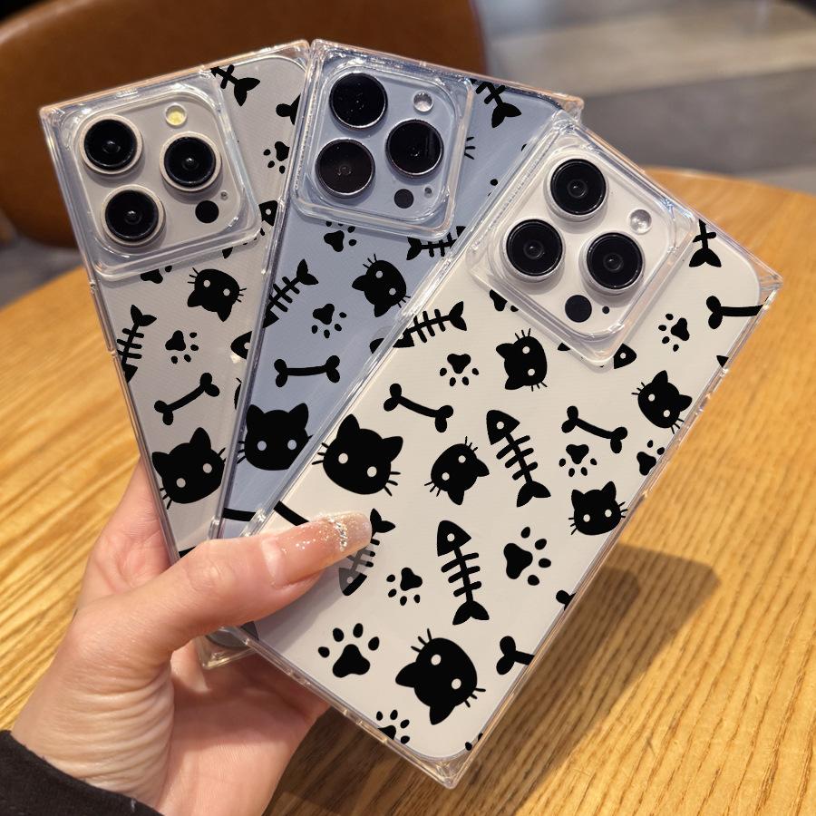 Simple and Creative Cute Fish Cat Claw 14 Plus 13 Pro Max 12 11 Rectangular Right Angled Straight Edge 15 Transparent Phone Case for Iphone 16 Promax
