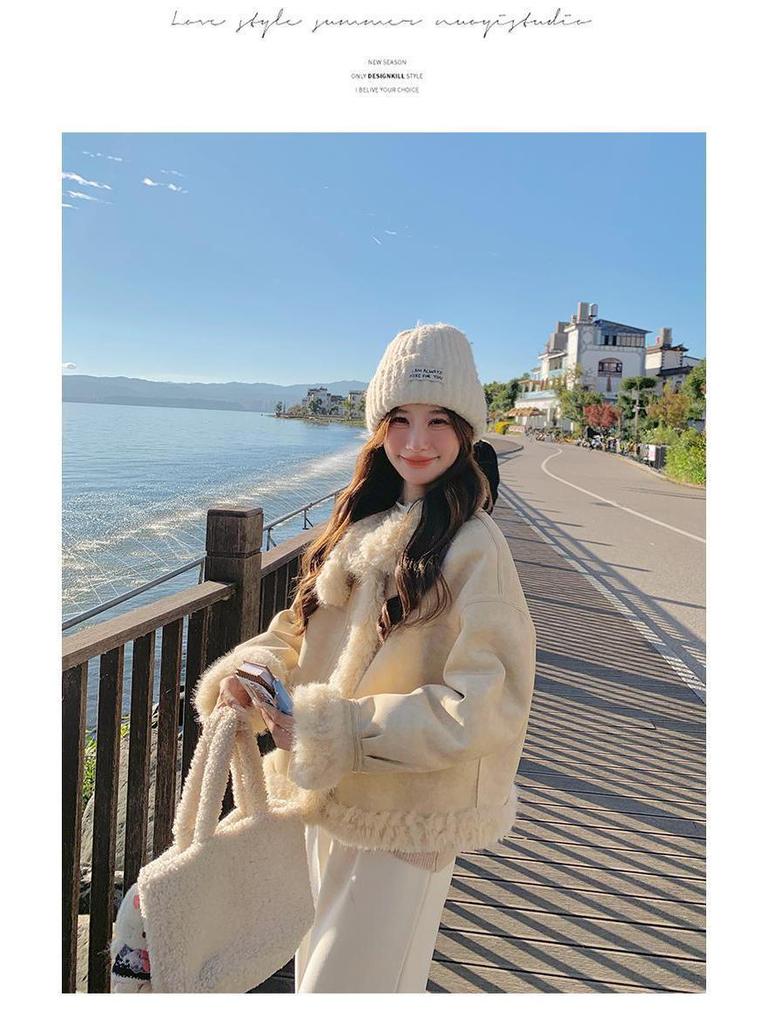Korean Style Yellow Fur Coat: Women's Soft Petite Leather & Fur Cotton Winter Jacket