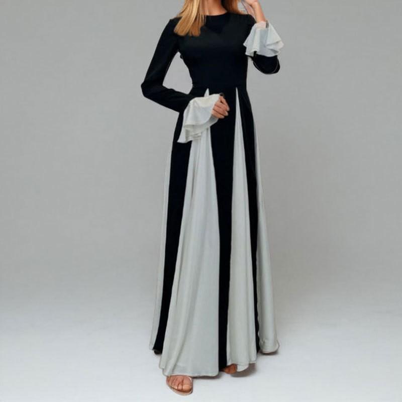 European American Women s Clothing Has Elegant Temperament Contrasting Color Flared Sleeves Waist Dress S