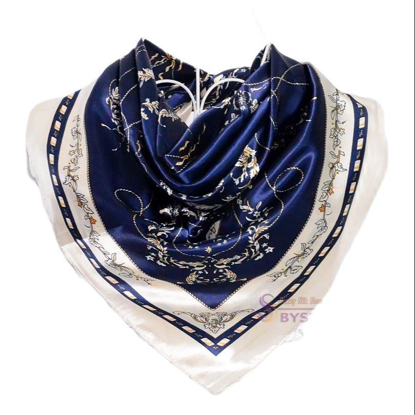 [BYSIFA] Winter Navy Blue Silk Muffler Imitated  New Design Paisley Silk Scarves Wraps 90*90CM Ladies Brand Satin Scarf Cape