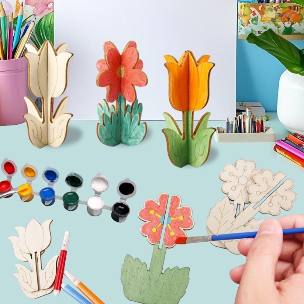 10pcs/set Wooden DIY Tulip Shape Assembly Tulip Shape Sunflower Wood Pieces Combination Set Rose Flower Handmade