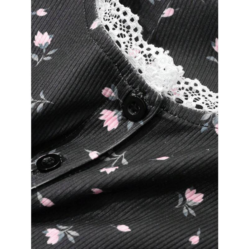 VEZFAA Women's Fashion Casual Spring Autumn Flower Pattern Print Long Sleeve V-Neck Trousers Pants Suits