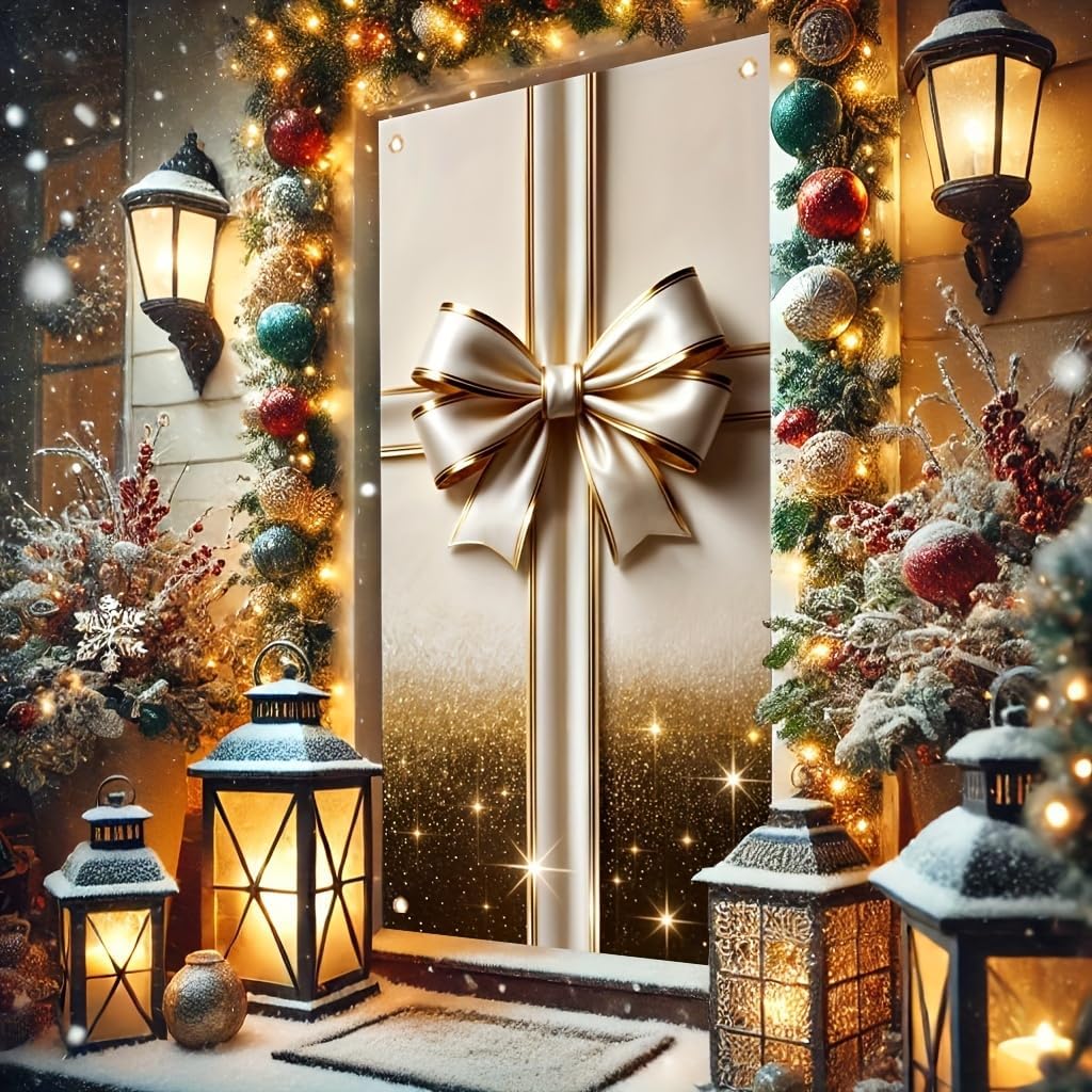 Door Cover Golden Gift Box Bow 71x35 Inch Decorative Holiday Front Door WrapChristmas Party Wedding Birthday Celebration Indoor Qutdoor Decoration