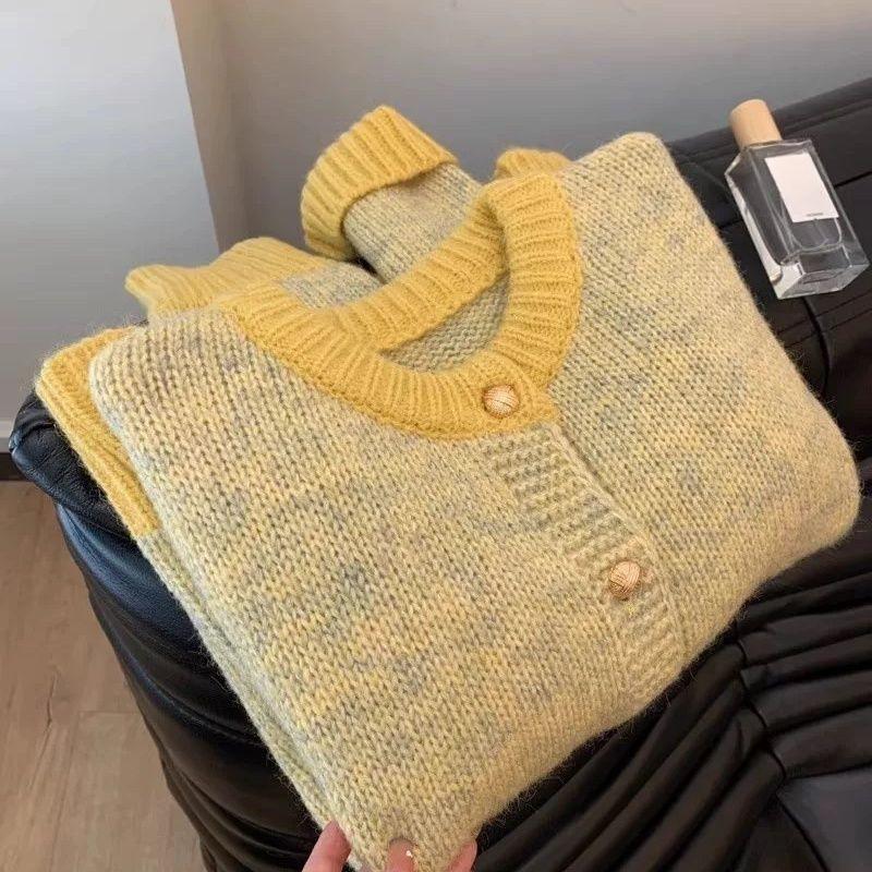 Yellow Short Sweater Coat for Women Spring Autumn Outfit Lazy Style Knitted Cardigan Top