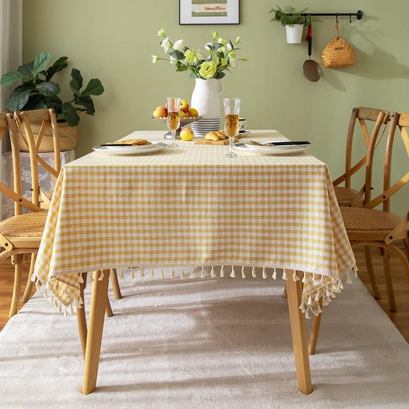 Cotton Linen Table Cloth Small Fresh Checkered Desk Cover Nordic Tassel Runner
