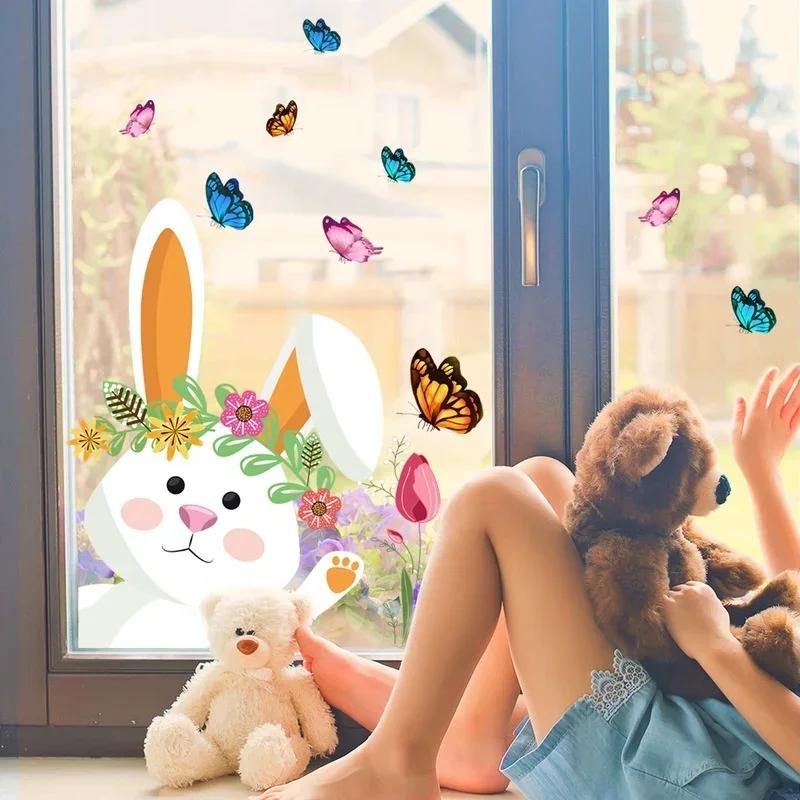 Cute Rabbit Butterfly Sticker Easter Window Glass Decoration Static Stickers Shop Window Decor Cartoon Home Holiday Decoration