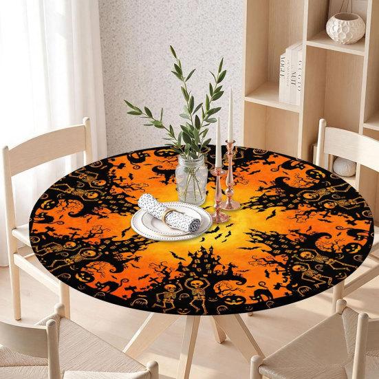 Halloween Round Tablecloth with Elastic Edge Spooky Pumpkin Skull Printed