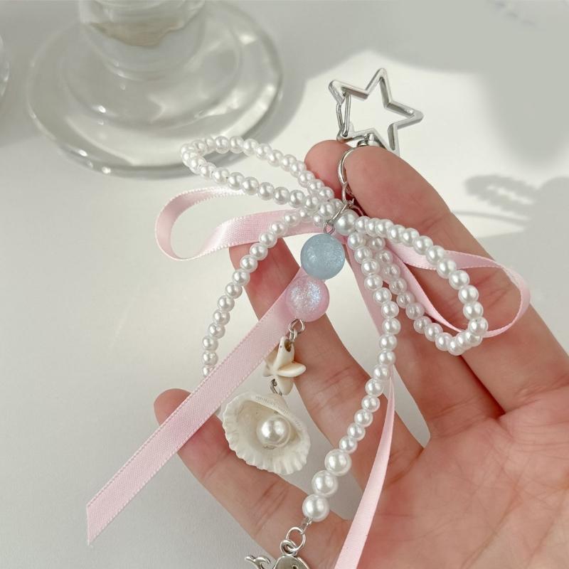 Fashionable Faux Pearls Bowtie Charm Stylish Bowknot Ribbon Keychain Bag Ornament Jewelry for Purses and Accessories