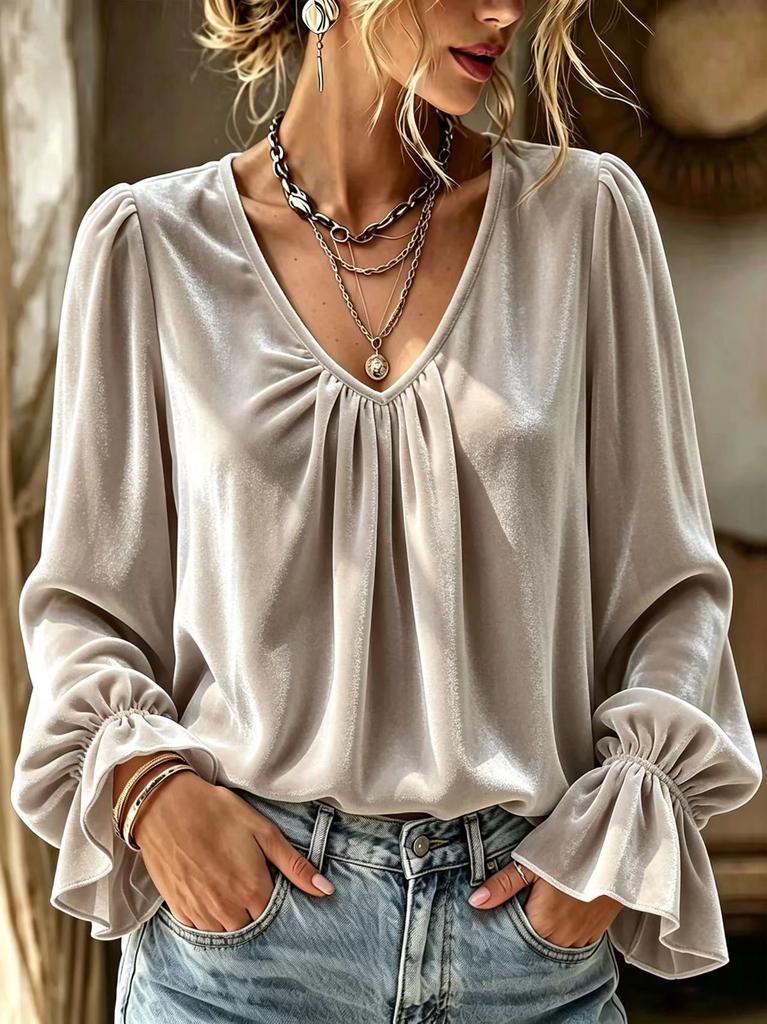 Autumn and winter women's clothing new velvet versatile V-neck pleated loose solid color long-sleeved shirt women
