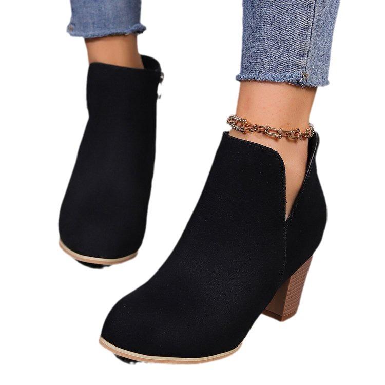 Autumn and Winter New Fashion Pointed Side Zipper Thick High Heel Fashion Casual Large Size Women's Deep Mouth Fashion