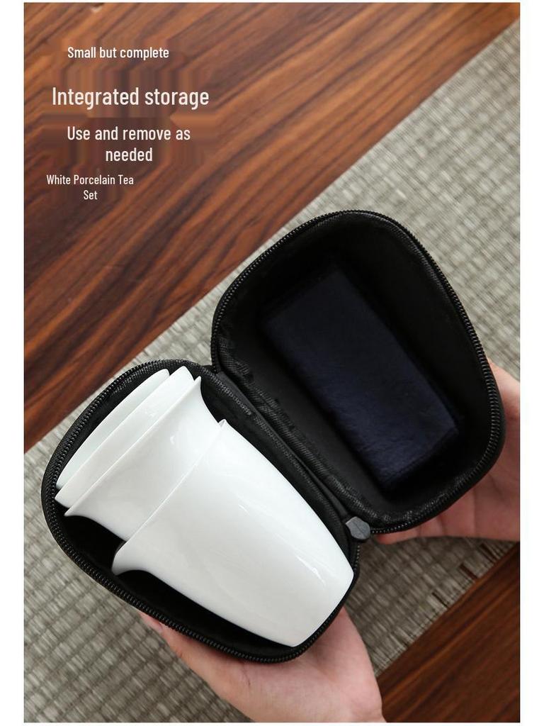 Dehua White Porcelain Travel Kung Fu Tea Set with Bag: 1 Bowl, 4 Cups, Glass Quick Cup, Gift Option, Customizable Logo.