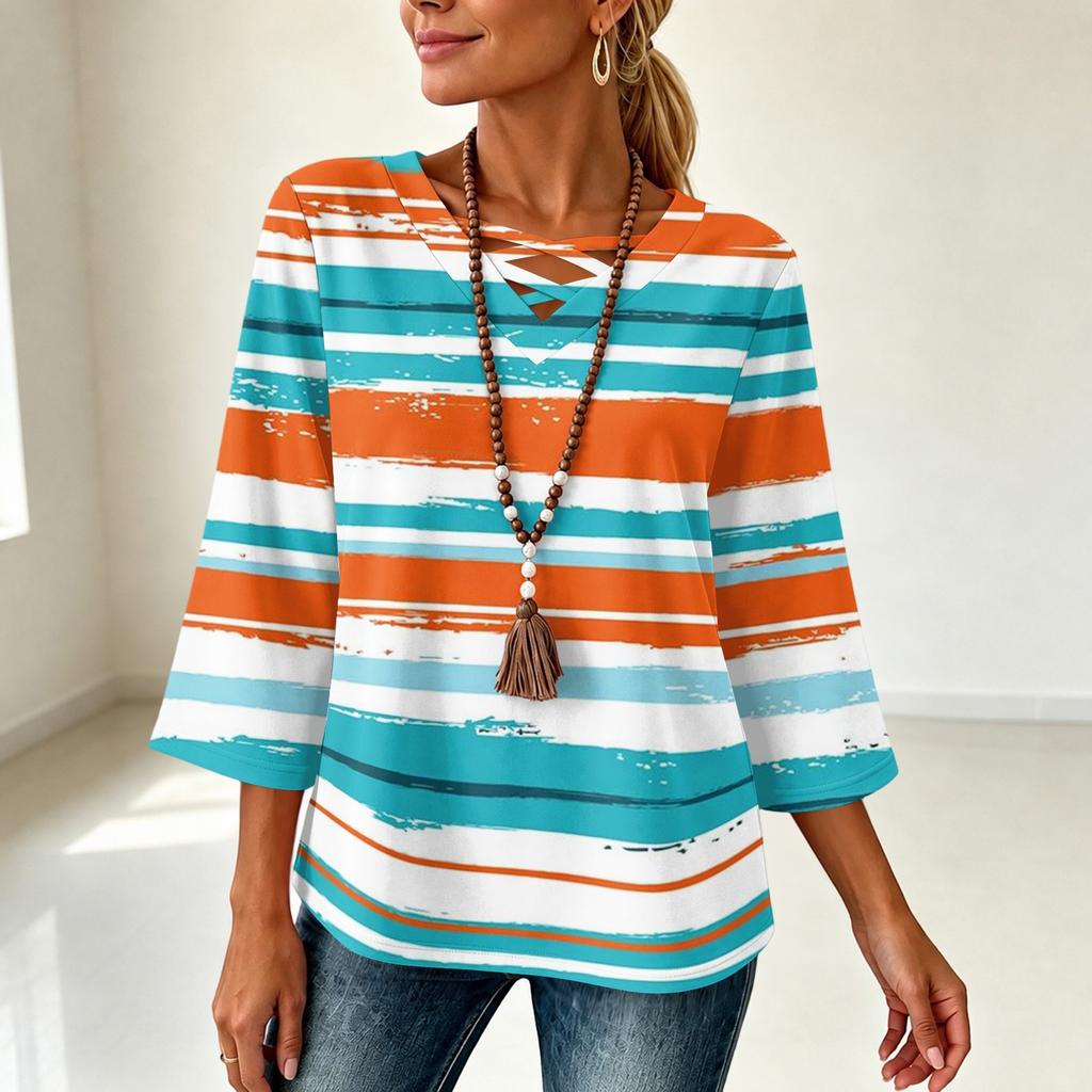 Damen V-Ausschnitt Dreiviertelarm Gestreift Locker Sitzendes T-Shirt