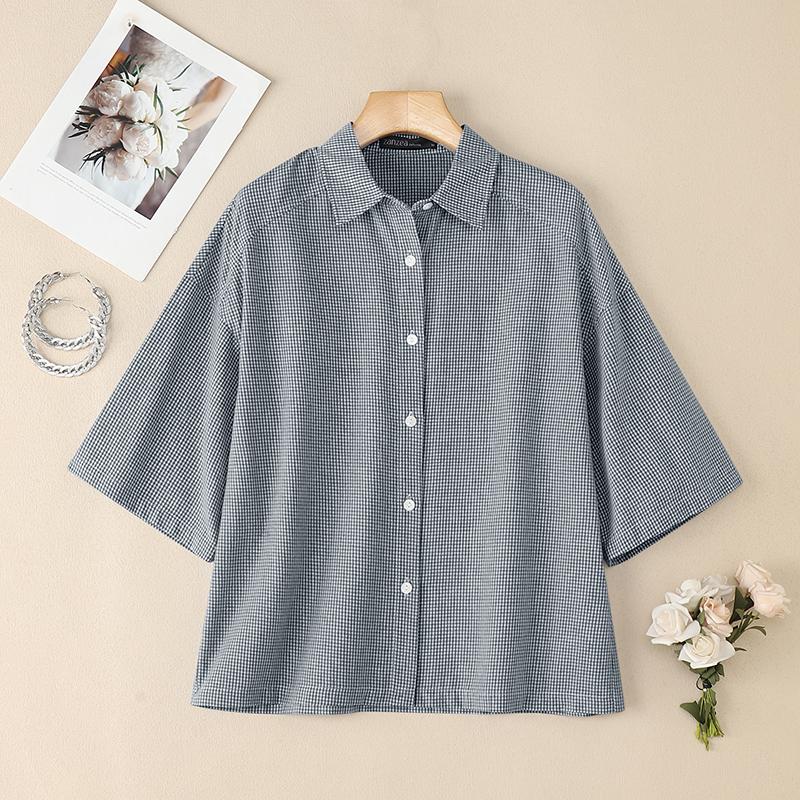 ZANZEA Women Turn Down Collar Loose Half Sleeve Casual Grid Print Blouse