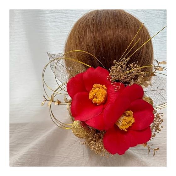 Tsubaki Hair Accessory for Coming-of-Age Ceremony, Dried Flowers, Gold Mizuhiki, Ball Kanzashi, Gold Leaf, for Graduation Ceremony, Wedding,