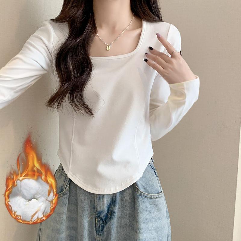 Women's Long Sleeve T-Shirt with Right Shoulder Fishbone Waist Slim Fit Square Neckline and Curved Hem Design Base Layer Top for Autumn and Winter
